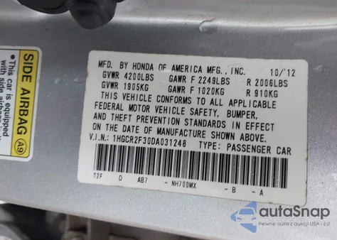2013 Honda Accord Lx z USA, uszkodzony, nr VIN 1HGCR2F30DA031248